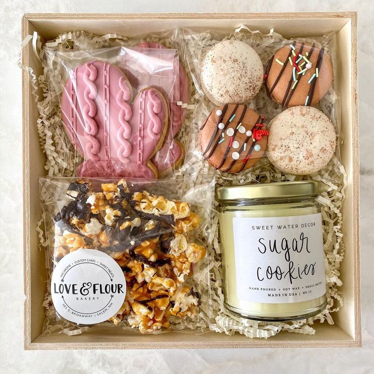 an assortment of cookies and treats in a box