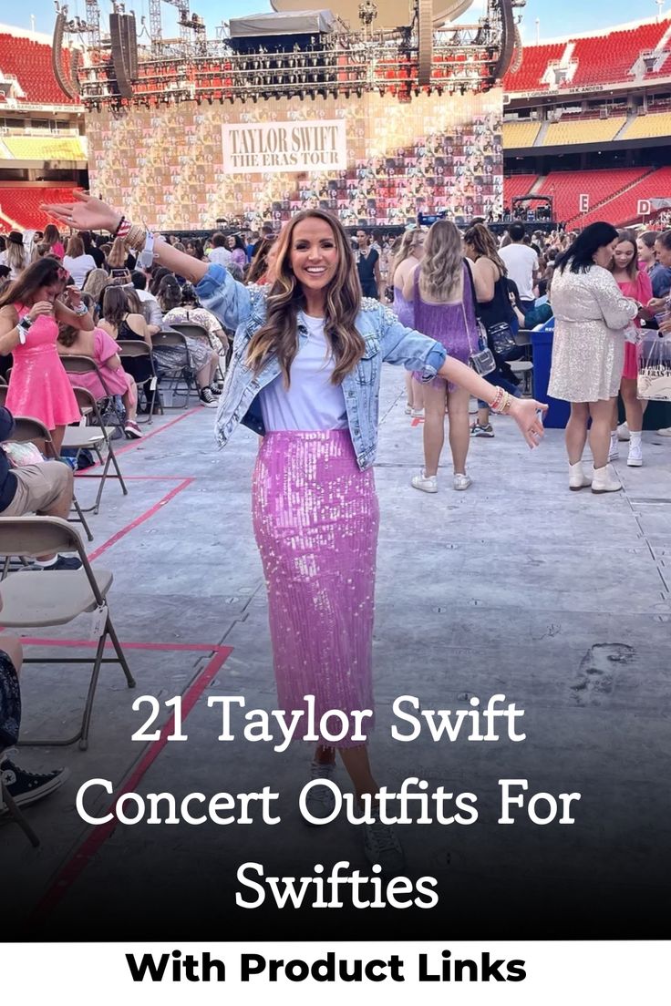 a woman standing in front of a crowd with her arms out and the words 21 taylor swift concert outfits for swiffies with product links