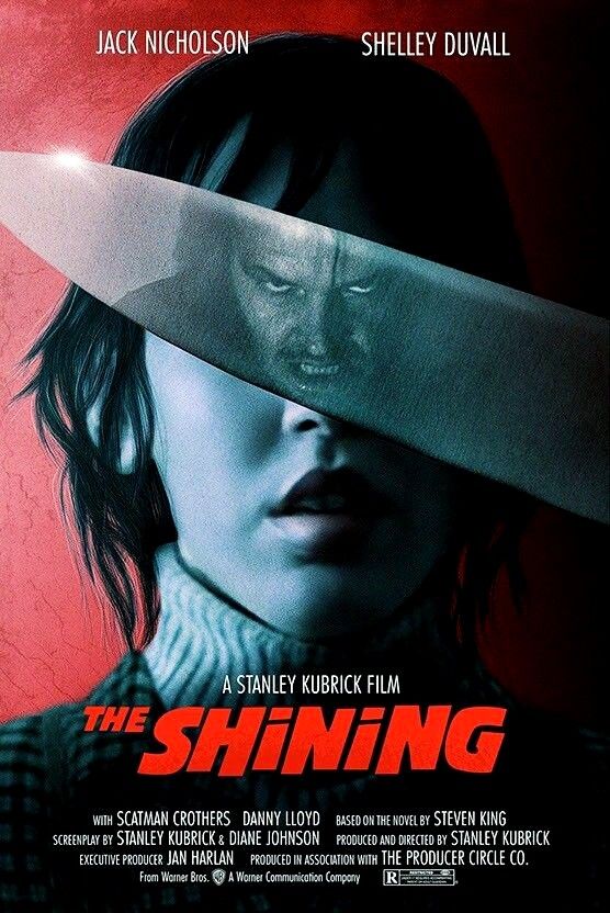 a movie poster for the shining with a woman holding a knife over her face and looking down