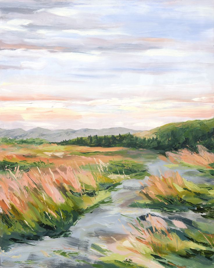 an oil painting of a river running through a field