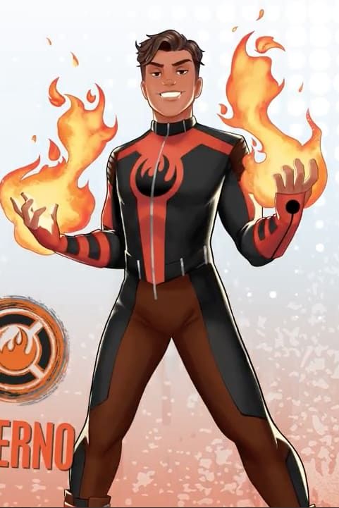 a man in a black and red suit with flames on his hands