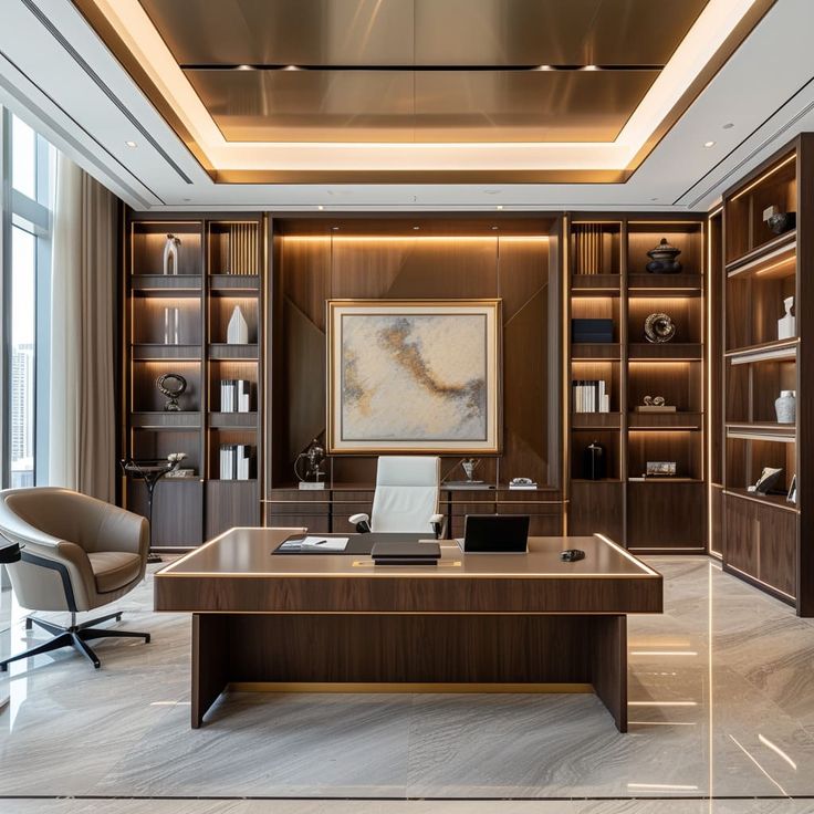 an elegant office with wooden shelves and leather chairs in front of a large painting on the wall