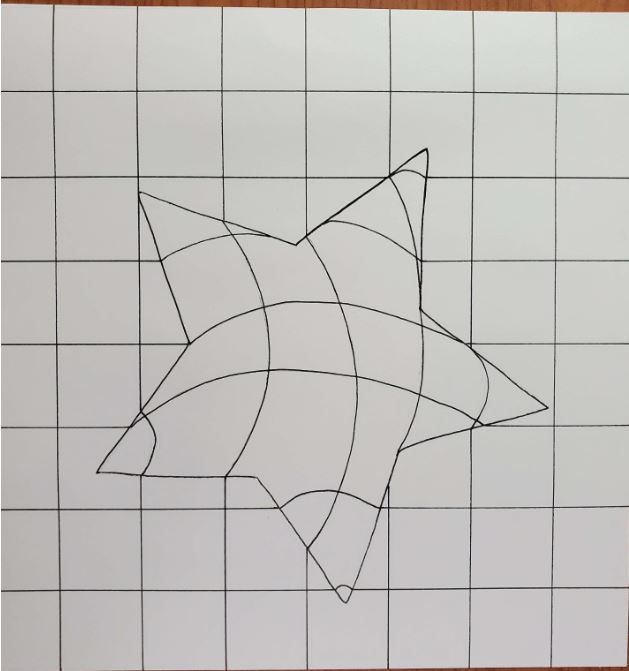 a drawing of a shark on a white tiled wall with black lines in the shape of a fish