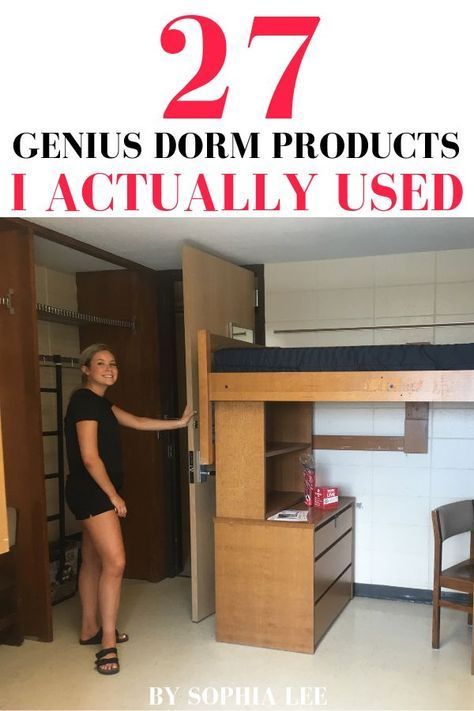 a woman standing in front of a bunk bed with the words 27 genius dorm products i actually used