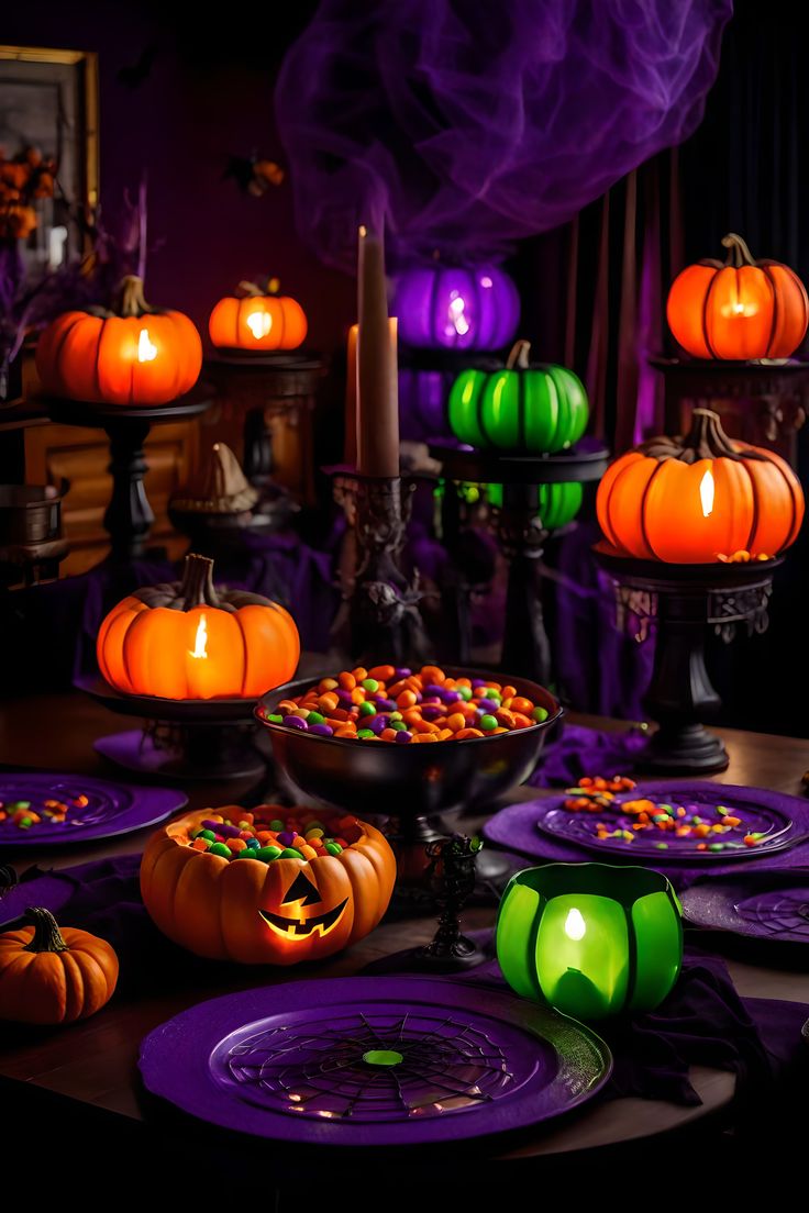 a table topped with lots of purple plates covered in candy and pumpkins next to candles