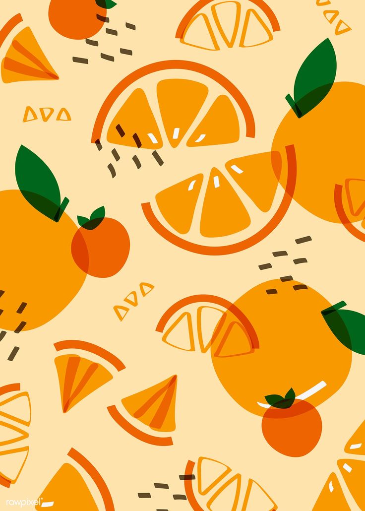 an orange pattern is shown on a yellow background with green leaves and sliced oranges