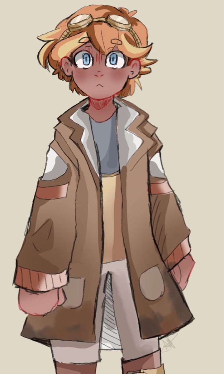 a drawing of a boy with blonde hair and blue eyes wearing a brown jacket, white shirt and tan pants