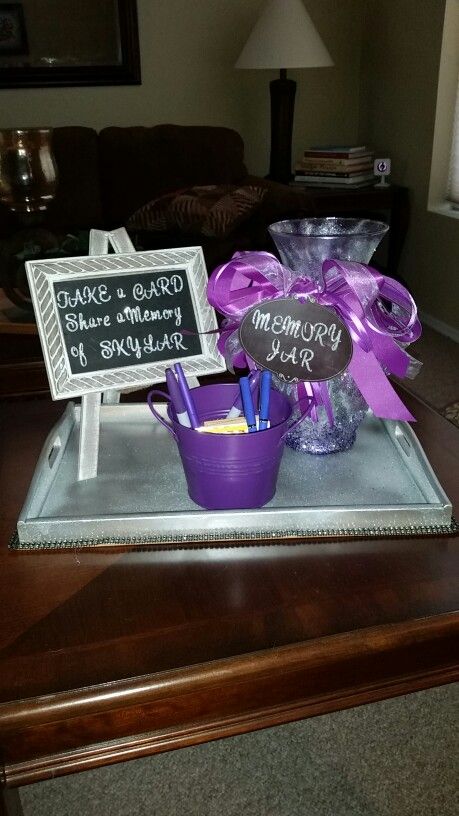 there is a purple basket with writing on it and a chalkboard sign in the middle