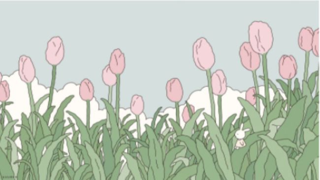 pink tulips are in the foreground with an image of white clouds behind them