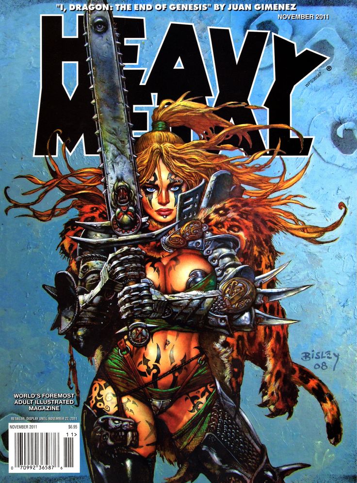 the cover to heavy metal magazine with a woman holding a giant knife and two swords