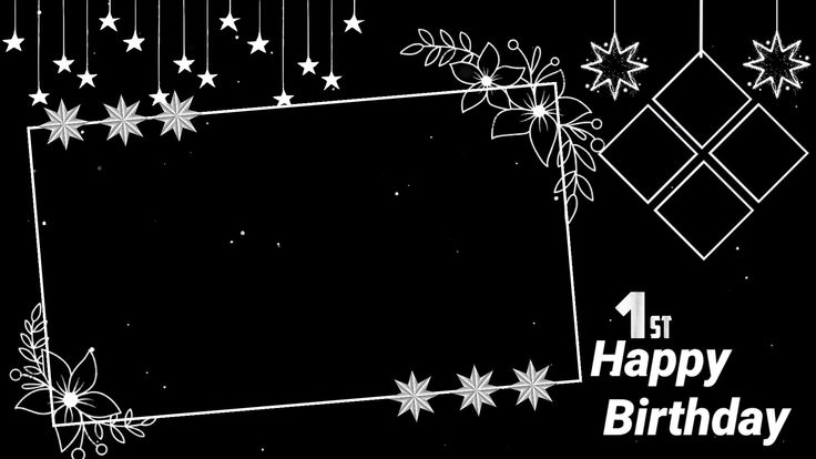a black and white photo with stars hanging from it's sides in front of a happy birthday card
