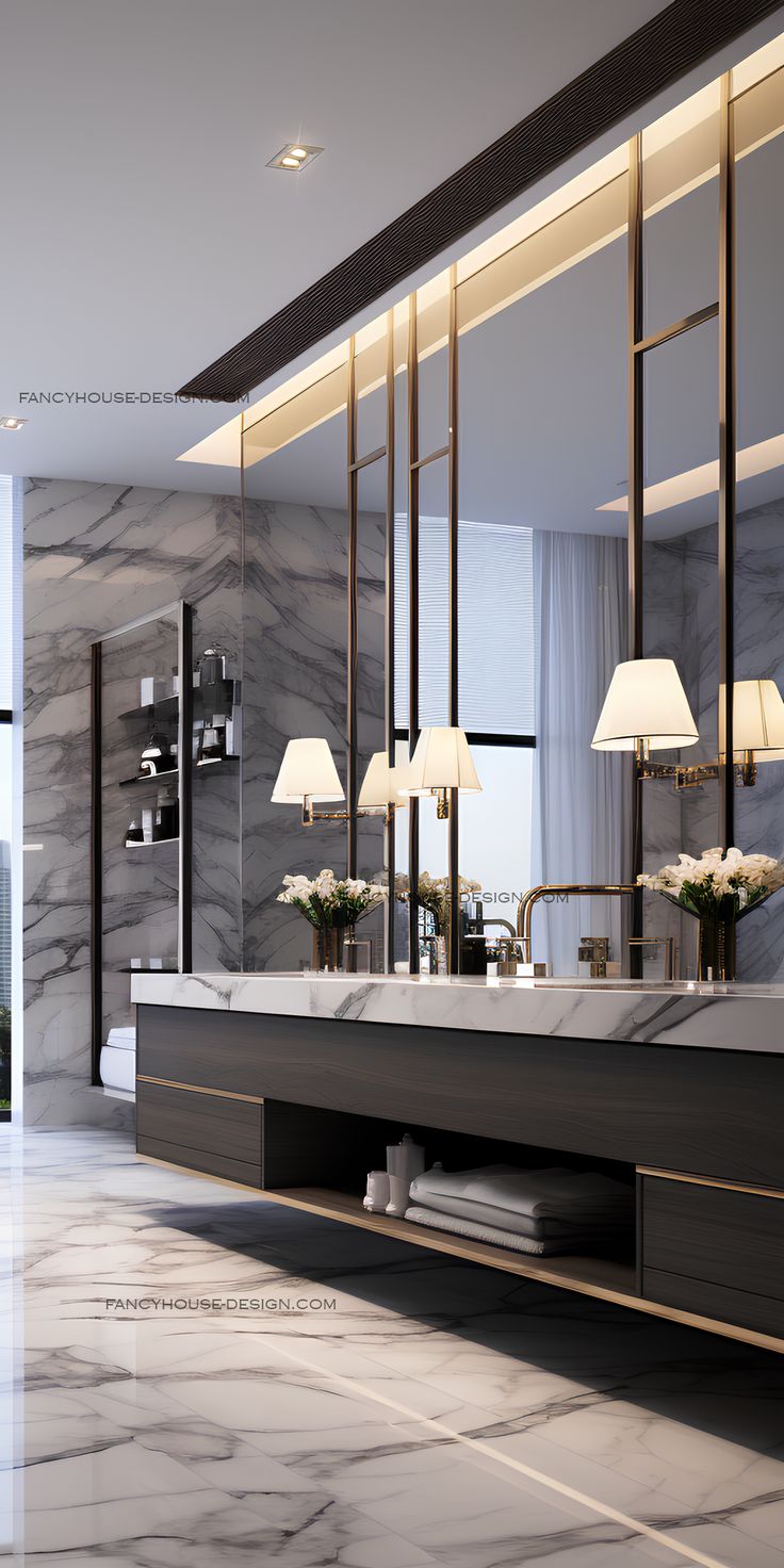 an elegant bathroom with marble walls and flooring