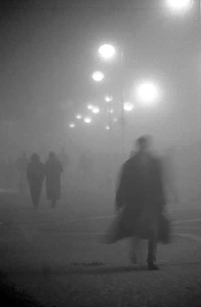 people walking on a foggy street at night