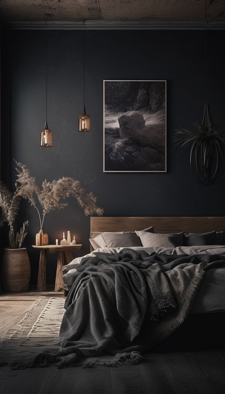 a bedroom with dark walls and wooden furniture