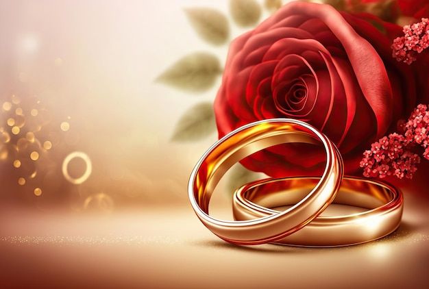 two gold wedding rings next to a red rose