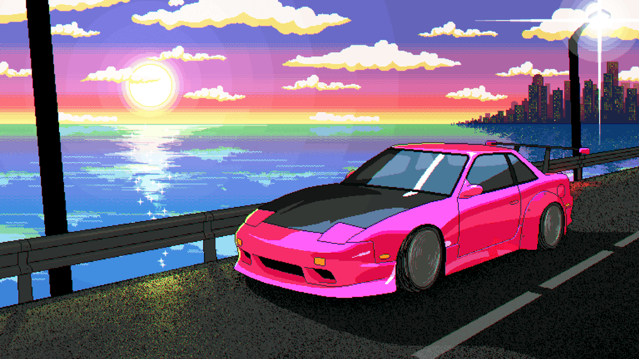a pink car parked on the side of a road next to the ocean at sunset