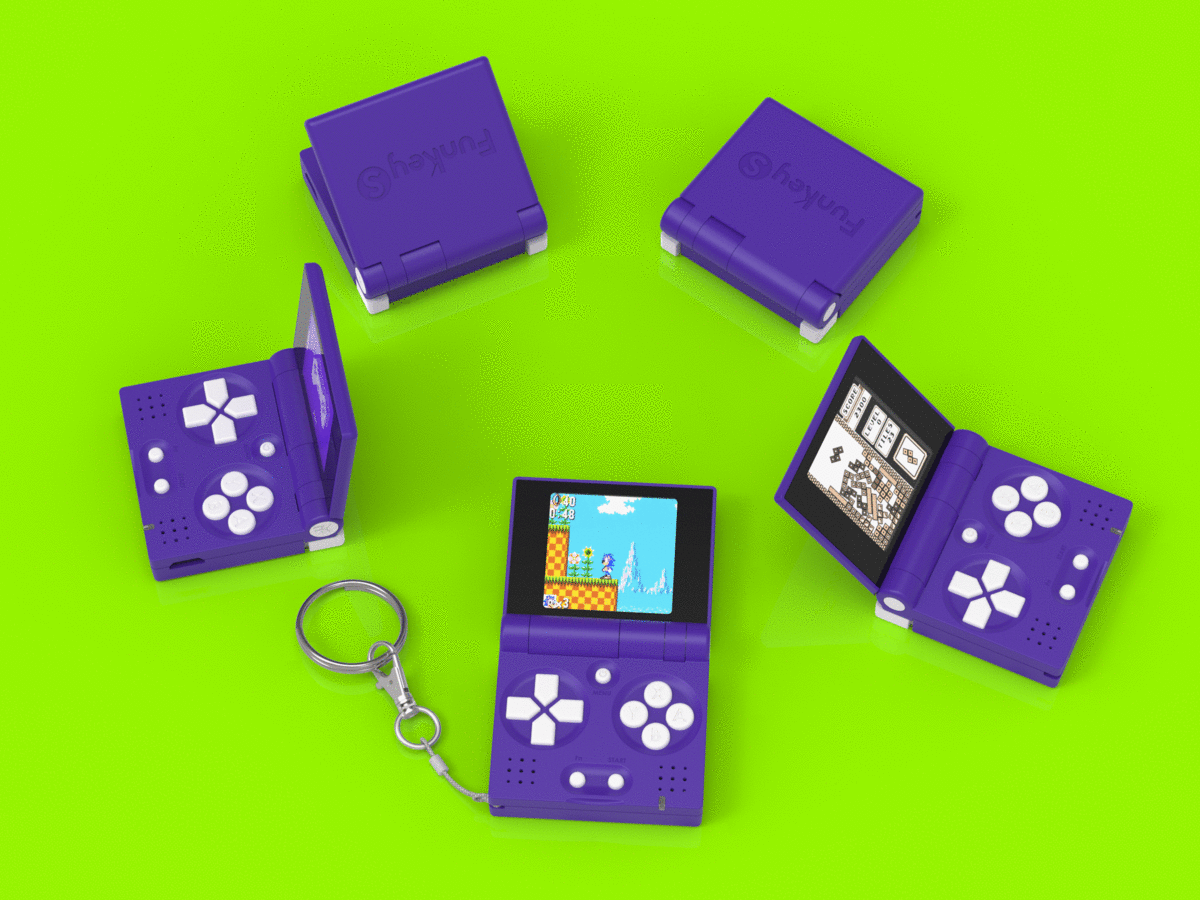 four purple electronic devices with keychains on a green background, one has a cell phone and the other is an mp3 player