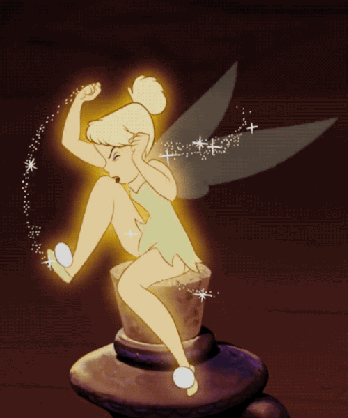 an animated image of a fairy sitting on a pedestal with her hands in the air