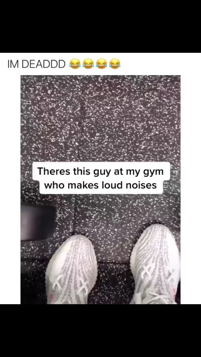 This may contain: someone's feet in white sneakers with the caption, there is guy at my gym who makes loud noises