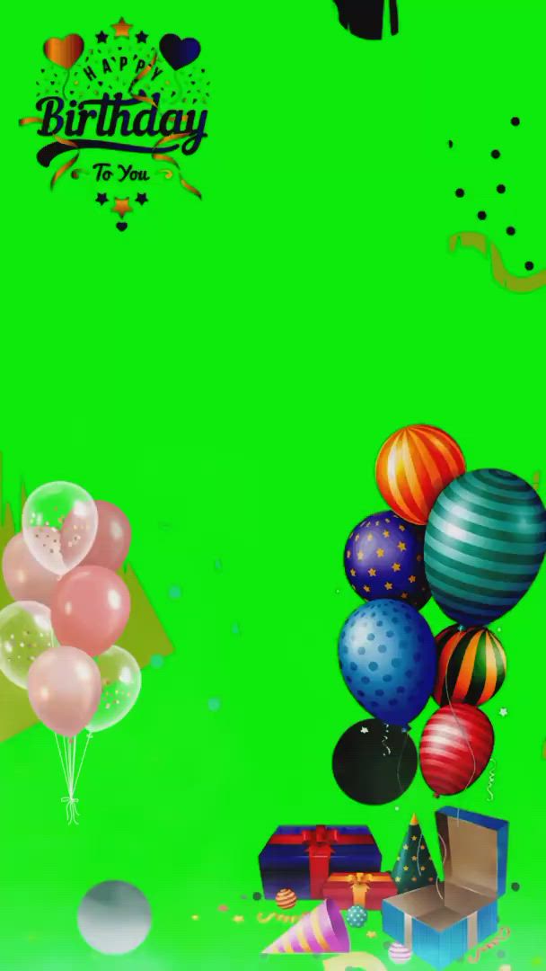 This may contain: a green screen with balloons and confetti on it