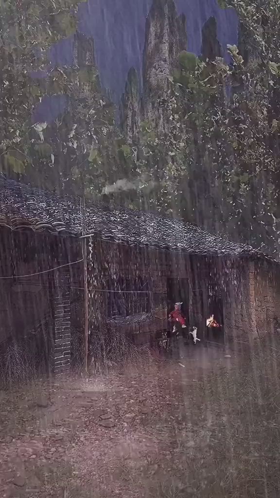 This may contain: two people are sitting in the rain under an umbrella and some trees with mountains in the background