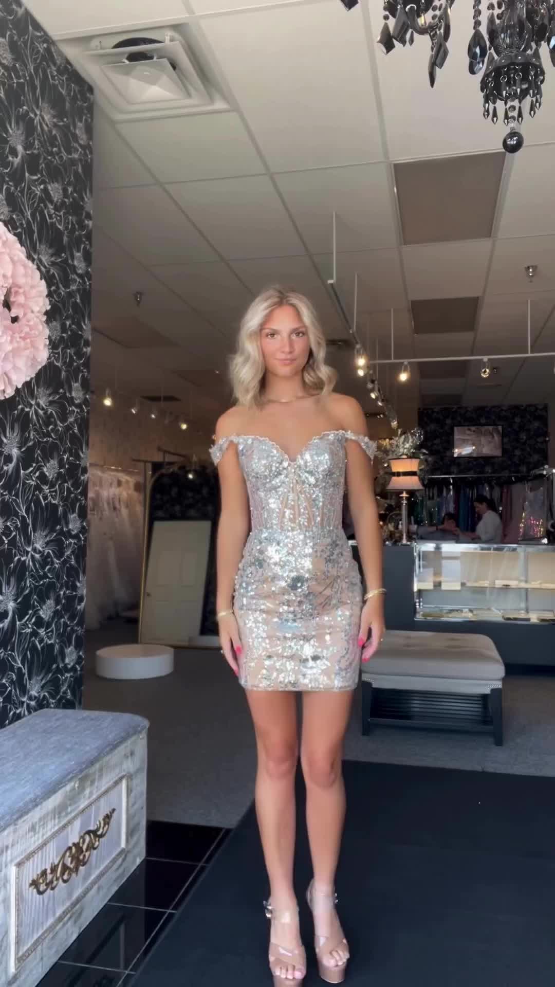 This contains: Off the Shoulder Nude Corset Tight Homecoming Dress with Silver Sequin