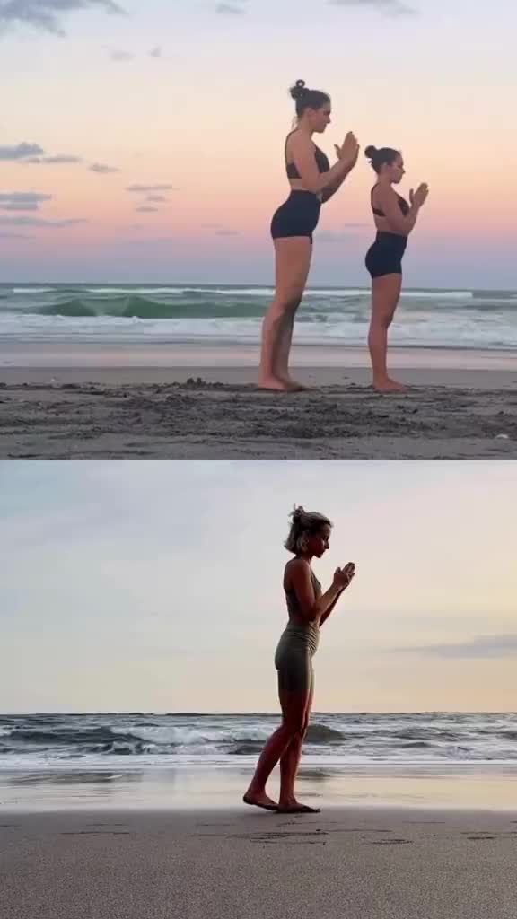 This may contain: two pictures of a woman doing yoga on the beach