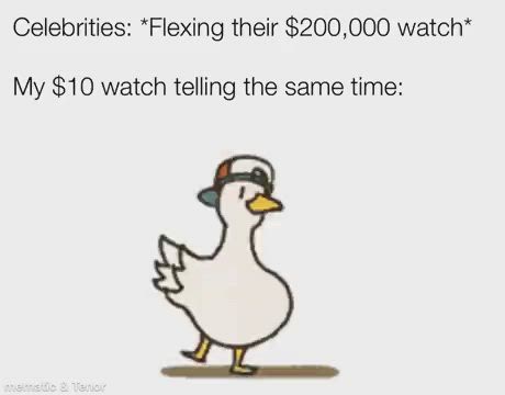 This may contain: a white duck with a hat on its head and the caption, my $ 10 watch telling the same time