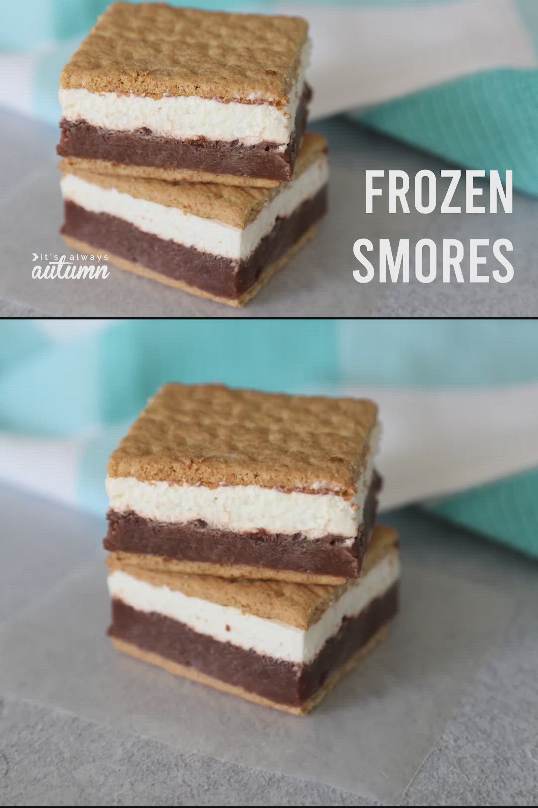 This may contain: two pictures of ice cream and chocolate sandwich sandwiches with the words frozen s'mores on them