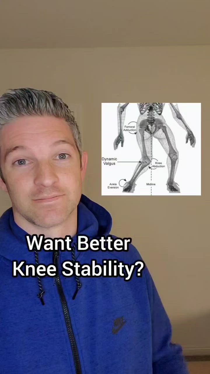 This may contain: a man in a blue hoodie with the words want better knee stability?