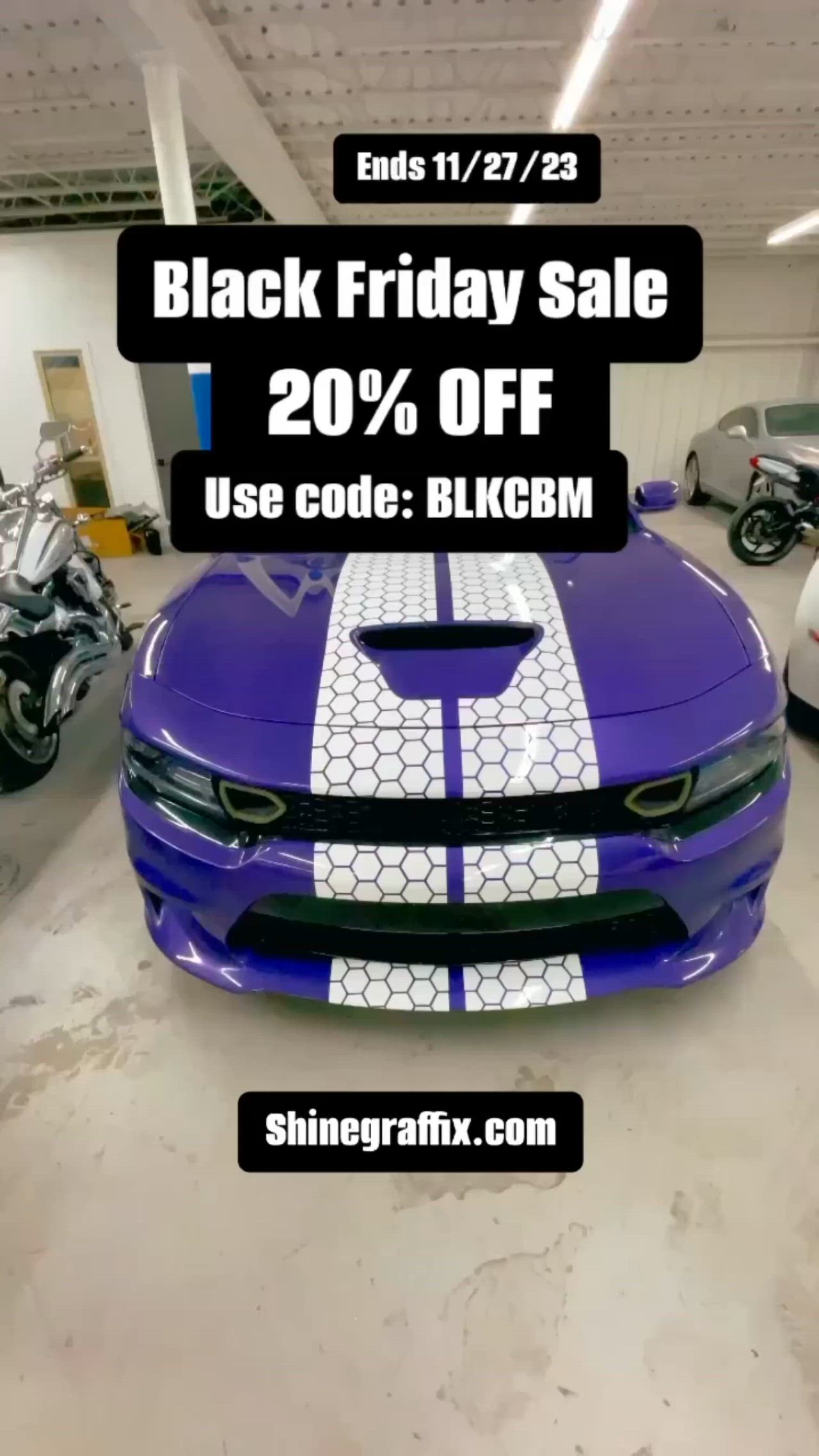 This may contain: a blue car with white stripes and the words black friday sale 20 % off use code blkcm