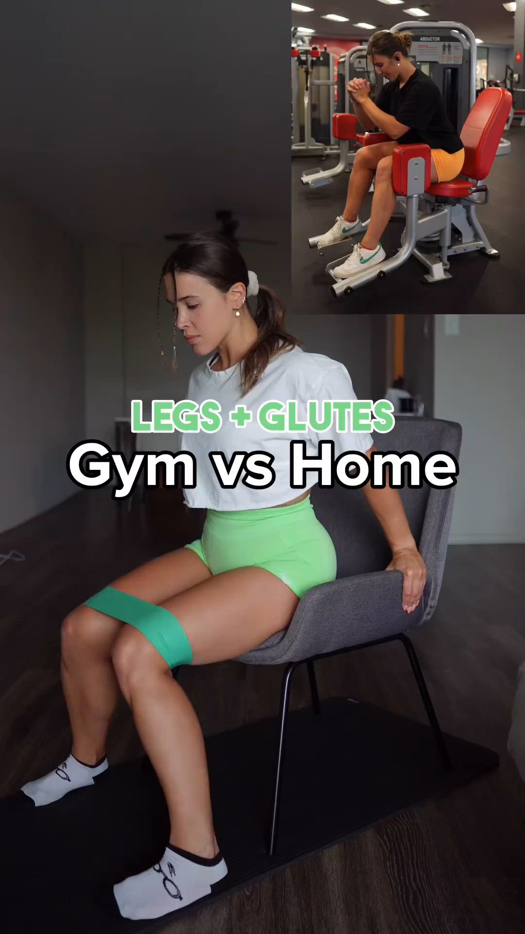 This may contain: a woman sitting on a chair in front of a gym machine with the words leg & glutes gym vs home