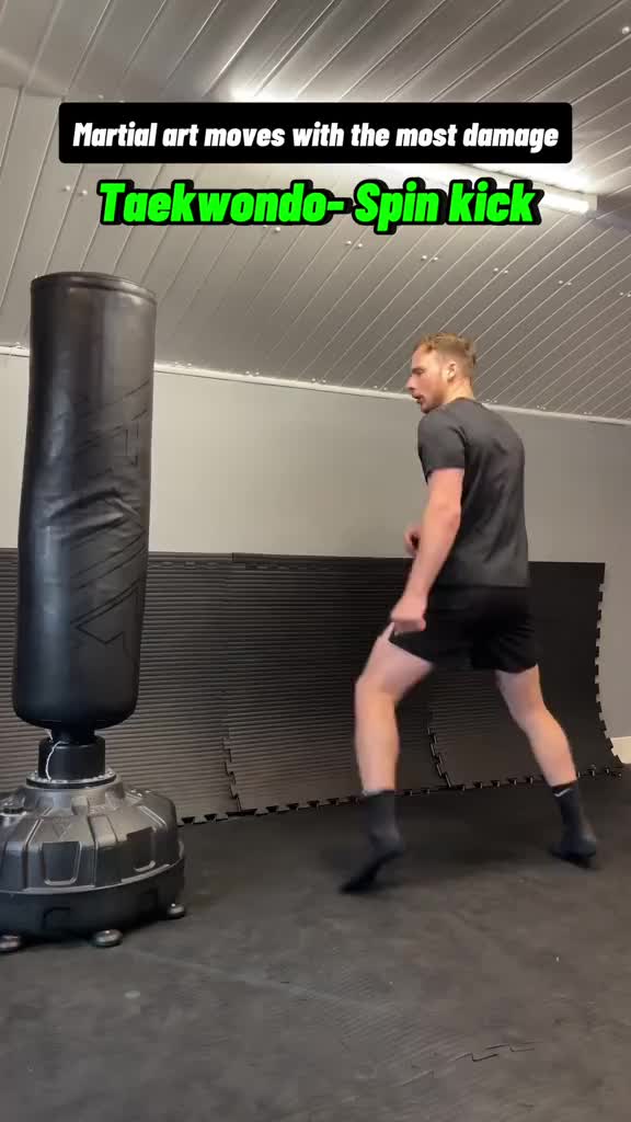 This may contain: a man standing next to a punching bag in a gym with the caption'treat art moves with the most damage '