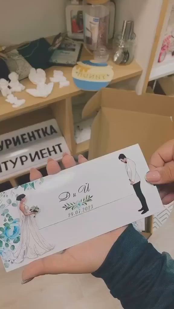 This may contain: the bride and groom are holding their wedding cards