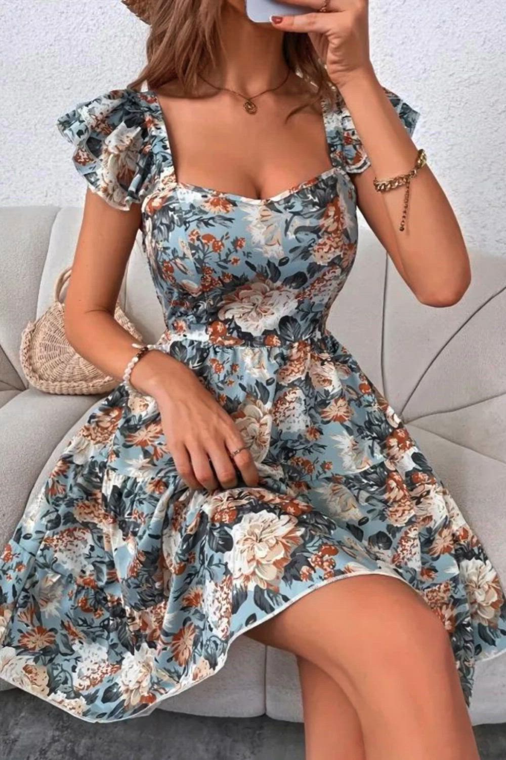 Floral Print Square Neck Dress, Casual Ruffle Sleeve Dress For Spring & Summer