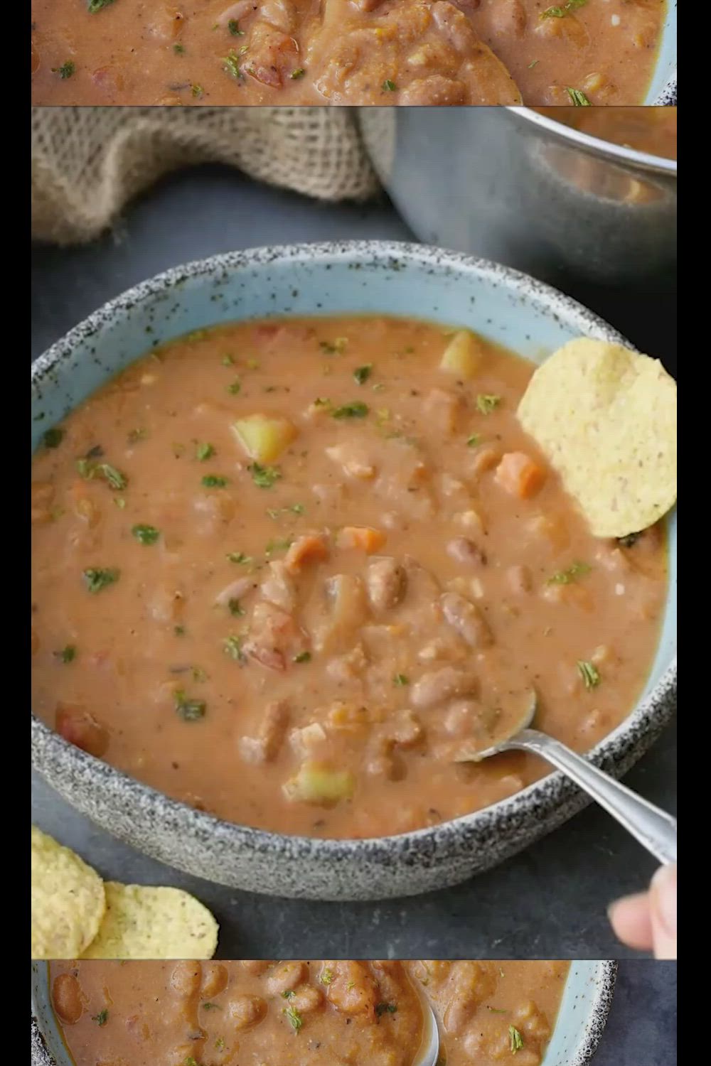 This may contain: three pictures showing different types of soup in bowls with tortilla chips on the side