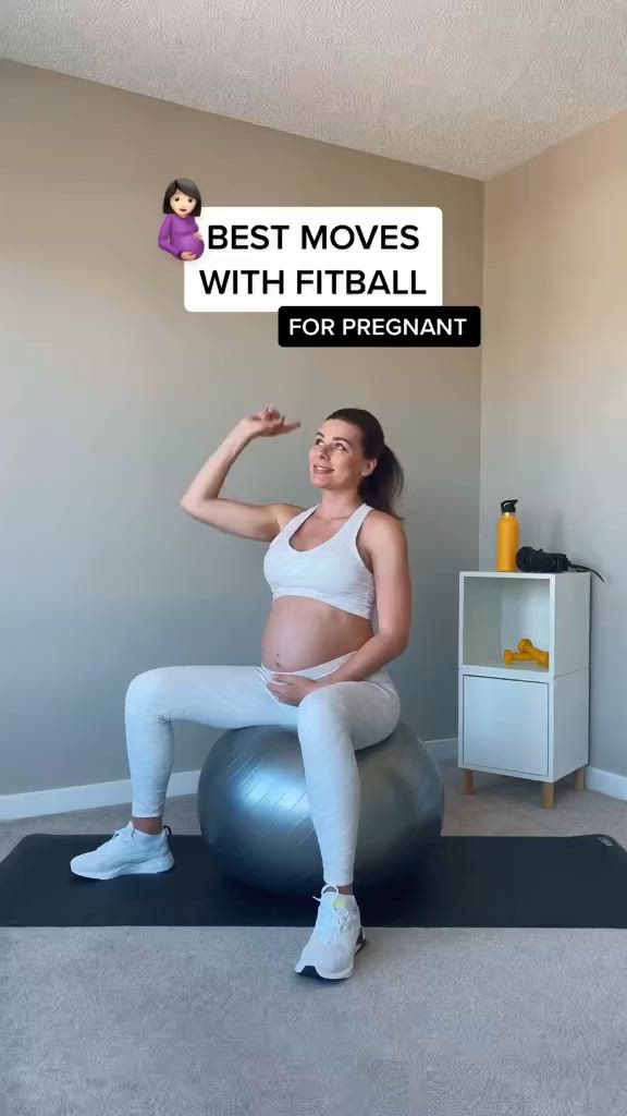 This may contain: a pregnant woman sitting on an exercise ball with the words best moves with fitball for pregnant women
