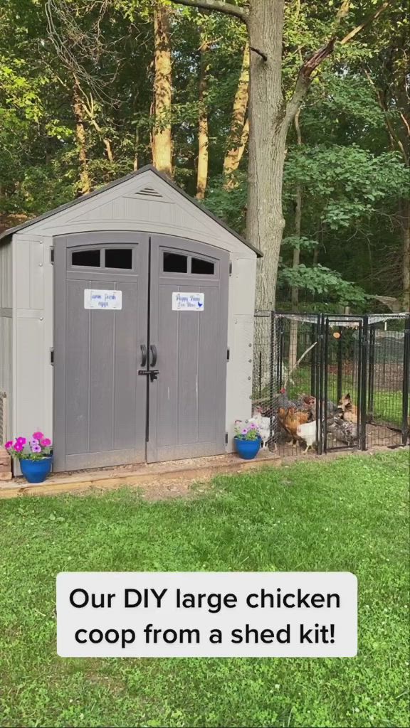 This may contain: an outdoor storage shed with the words our diy large chicken coop from a shed kit