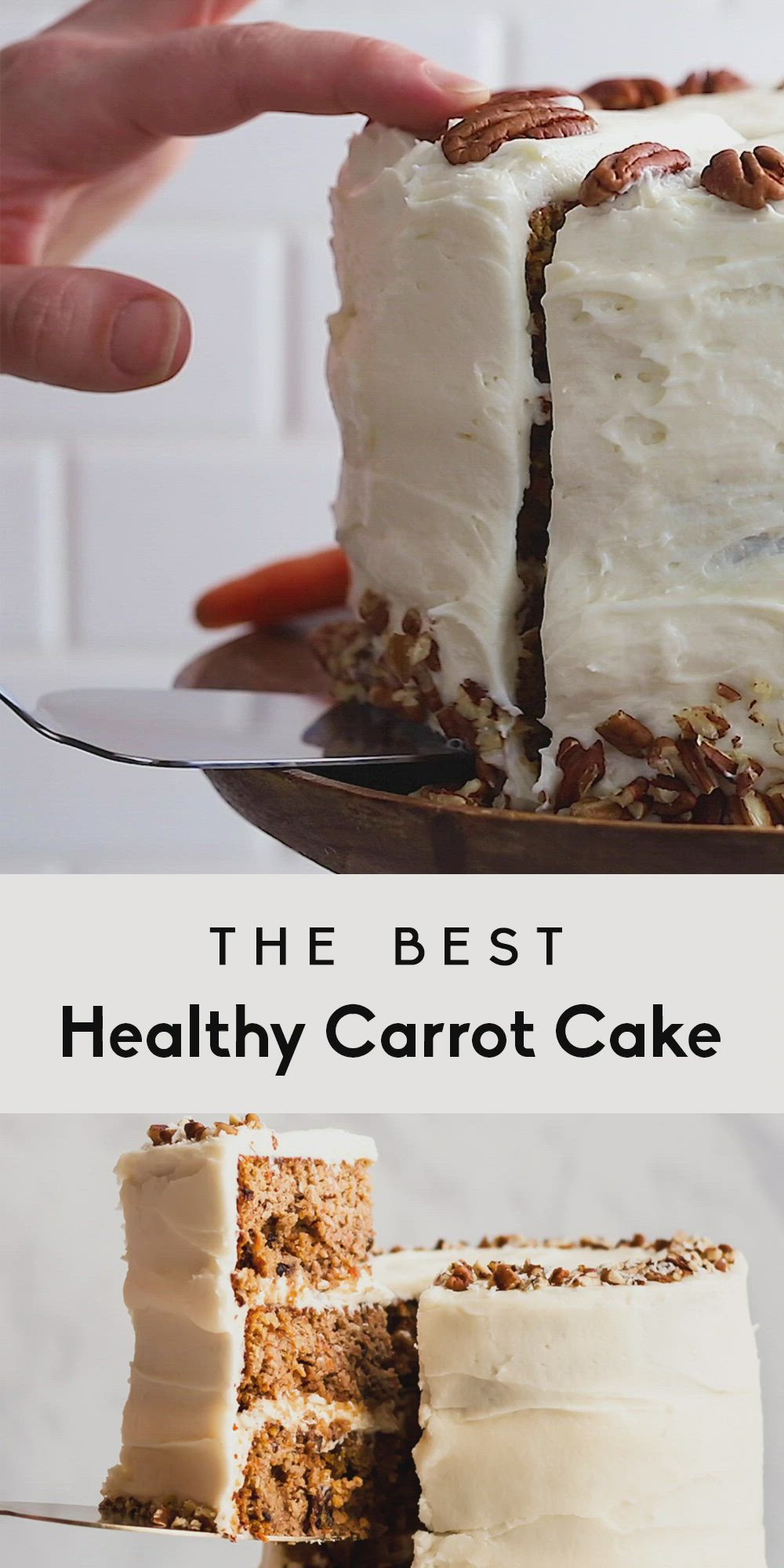 This may contain: the best healthy carrot cake with cream cheese frosting