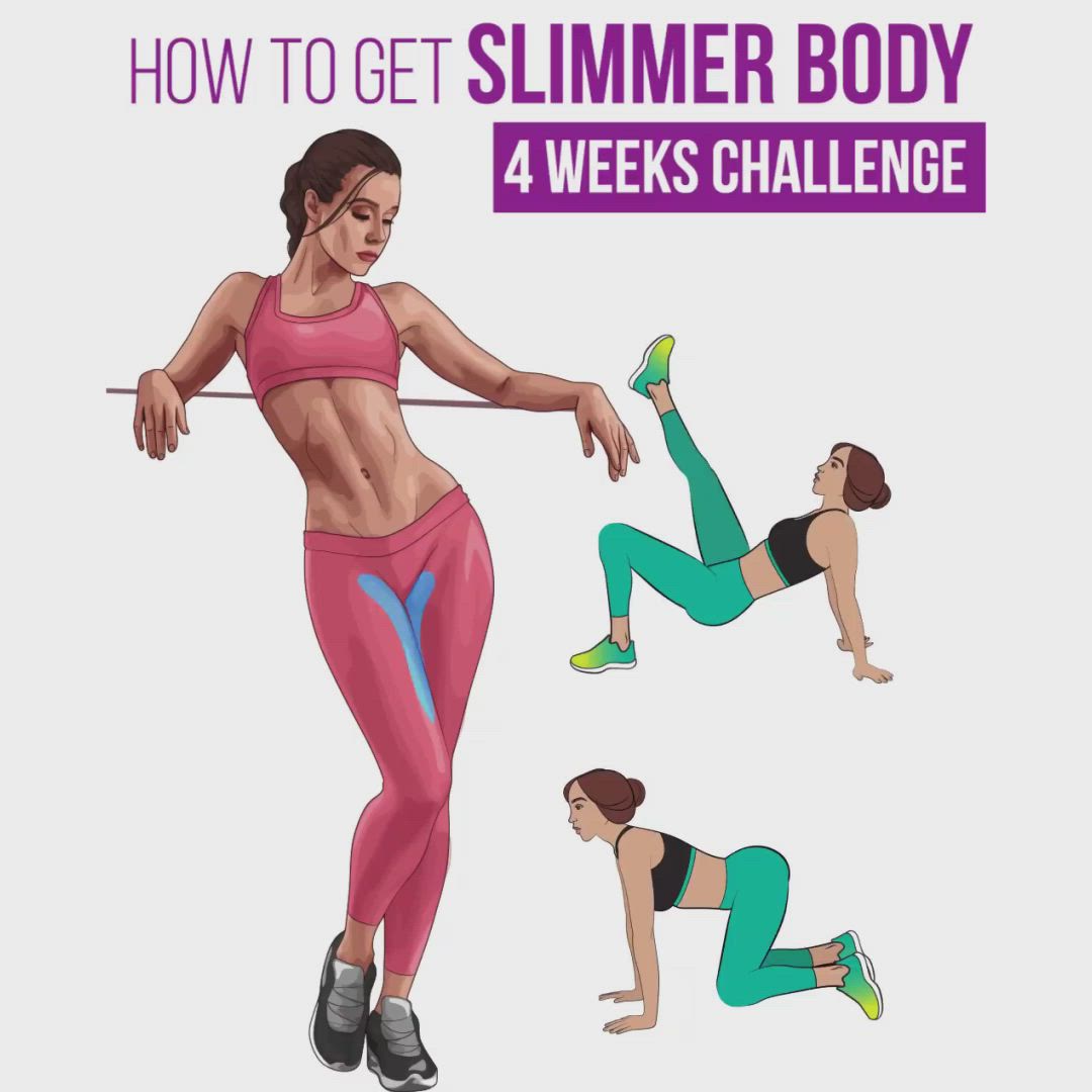 This may contain: a woman doing exercises with the text how to get slimmer body 4 weeks challenge