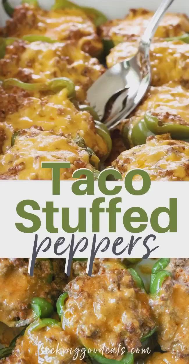 This may contain: taco stuffed peppers in a casserole dish