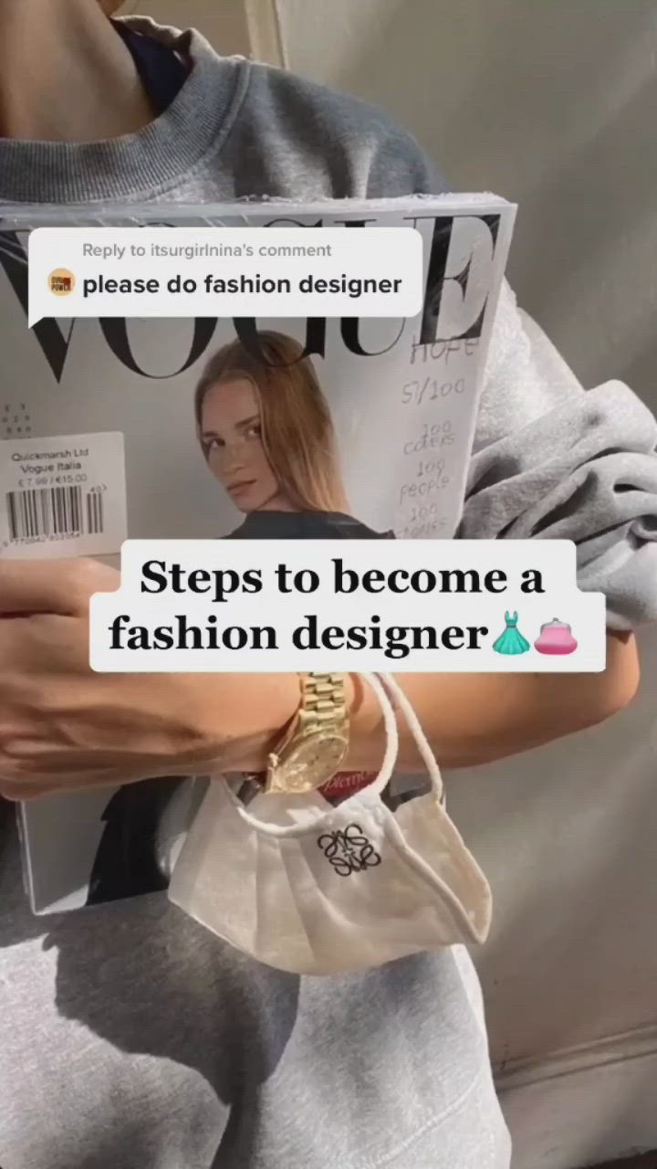 This may contain: a woman is holding a magazine with the caption steps to become a fashion designer