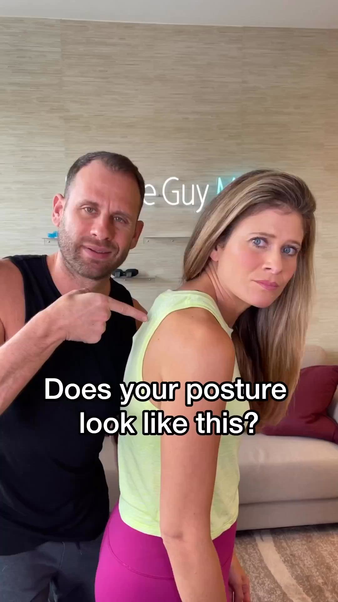 This may contain: a man and woman standing next to each other with the caption does your posture look like this?