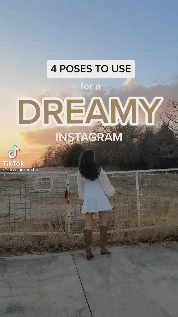 This may contain: a woman standing in front of a fence with the words 4 poses to use for a dreamy instagram