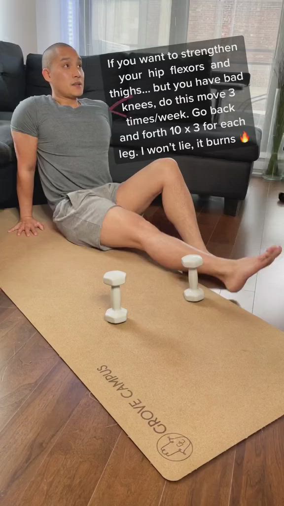 This may contain: a man sitting on top of a yoga mat in front of a couch with the words, if you want to stretch when your hip flex