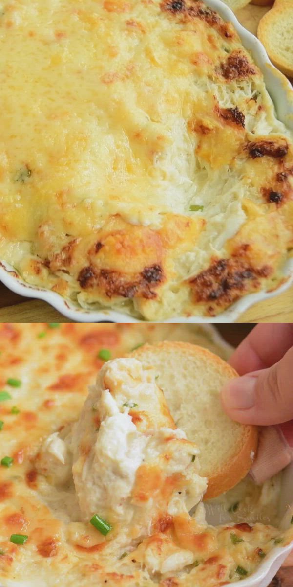 This may contain: two pictures showing how to make hot crab dip in a casserole dish with bread