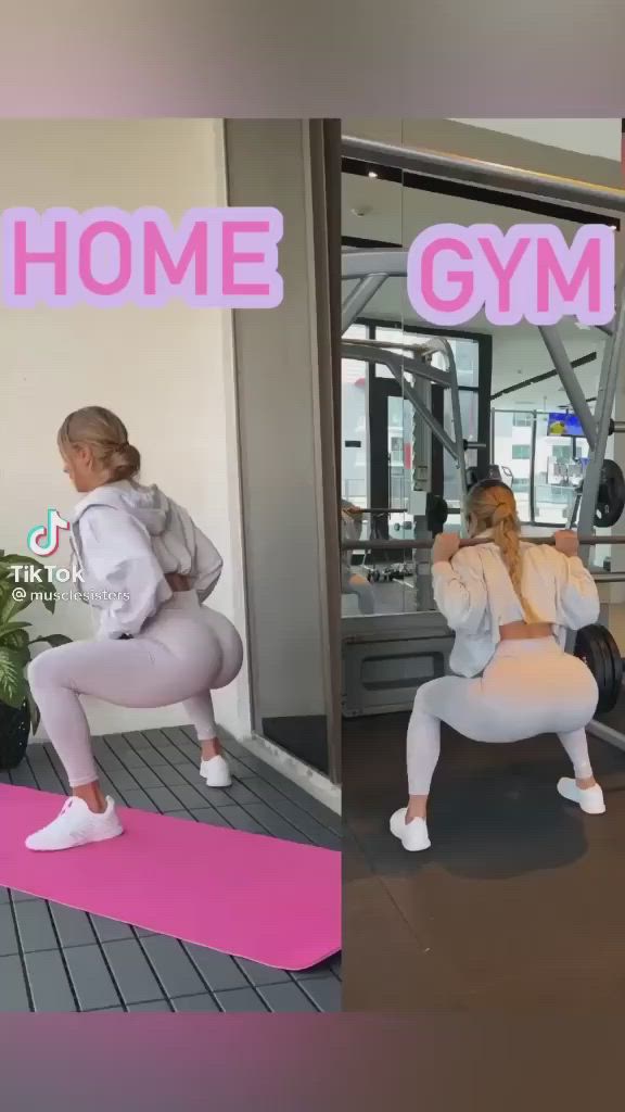 This may contain: two women doing squats in front of a gym