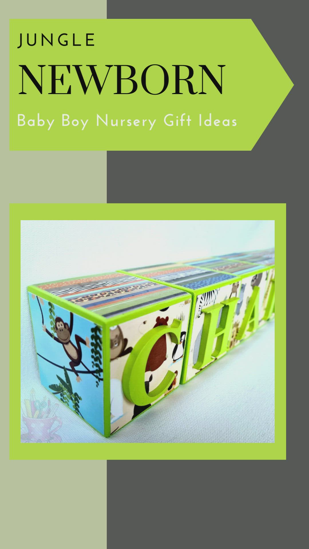 This may contain: a baby nursery gift box with an arrow pointing to the top and bottom, in green
