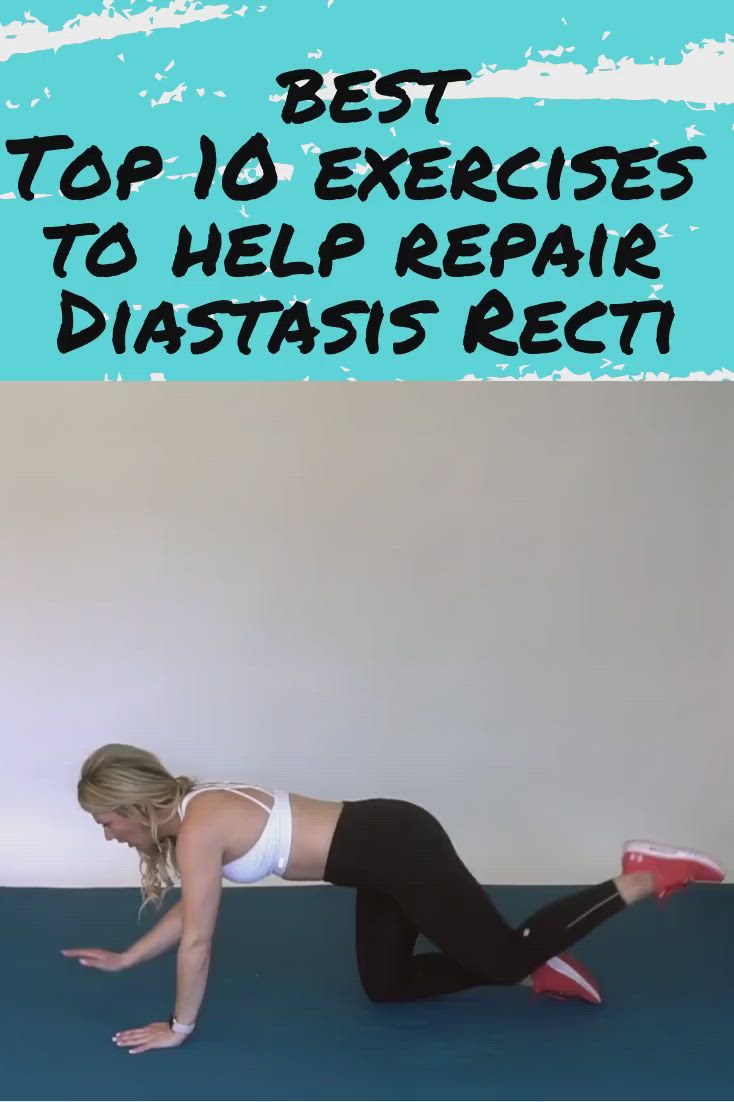 This may contain: a woman is doing an exercise with her feet on the ground and text overlay reads best top 10 exercises to help repair diastasiss rectify