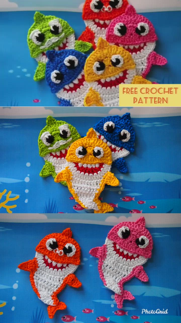 This may contain: crochet pattern for shark appliques
